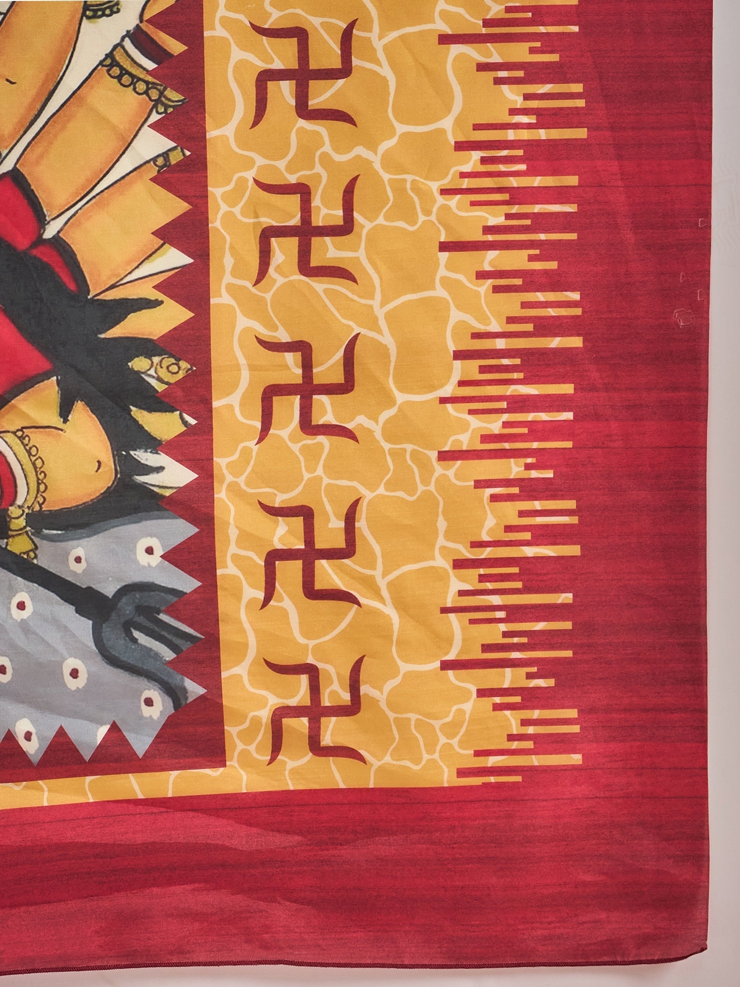 Ivory Murshidabad Silk Saree with Red Trishul Motifs, Feathered Flame Border, Golden Pattachitra Durga Pallu & Red Blouse - Ressa