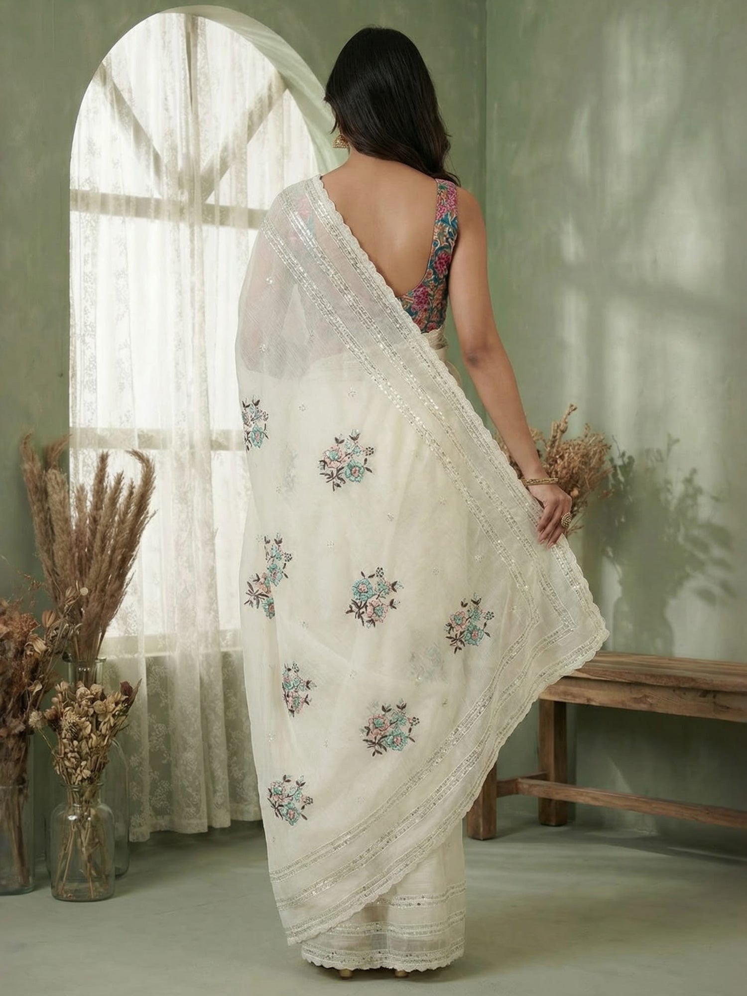 Ivory Organza Embroidered Saree with Floral Blouse - Ressa