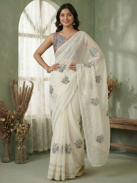Ivory Organza Embroidered Saree with Floral Blouse - Ressa