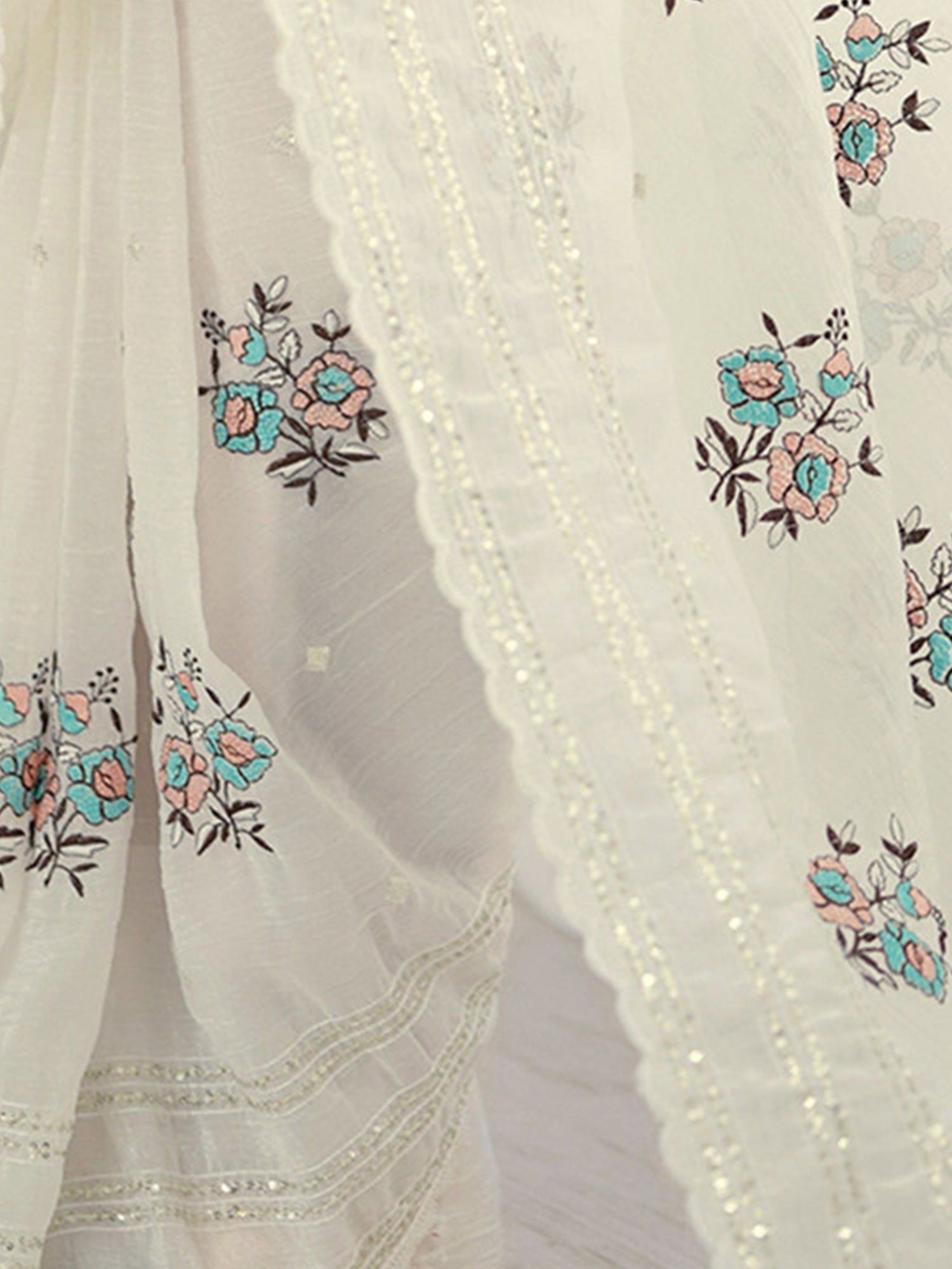 Ivory Organza Embroidered Saree with Floral Blouse - Ressa