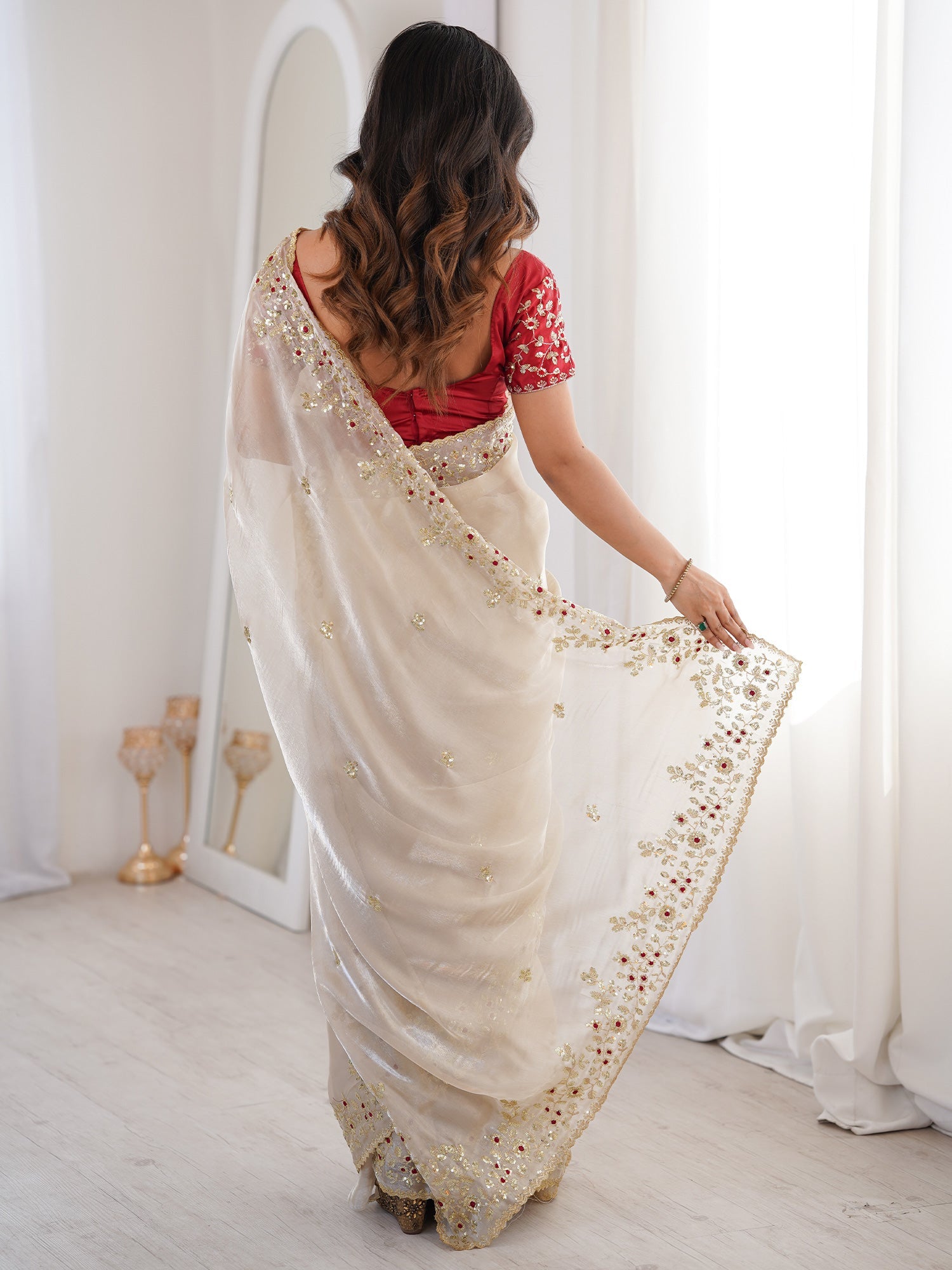 Ivory Organza Embroidered Saree with Stitched Red Blouse - Ressa