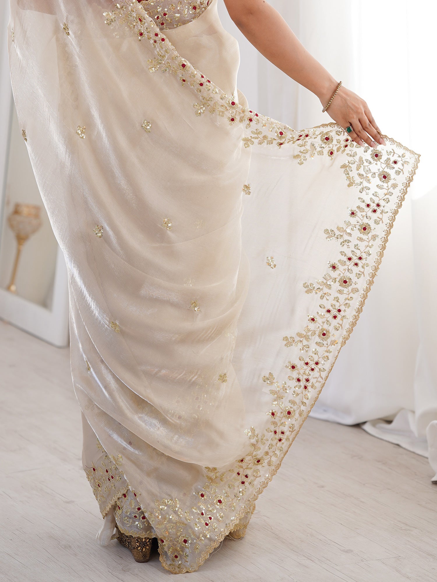 Ivory Organza Embroidered Saree with Stitched Red Blouse - Ressa