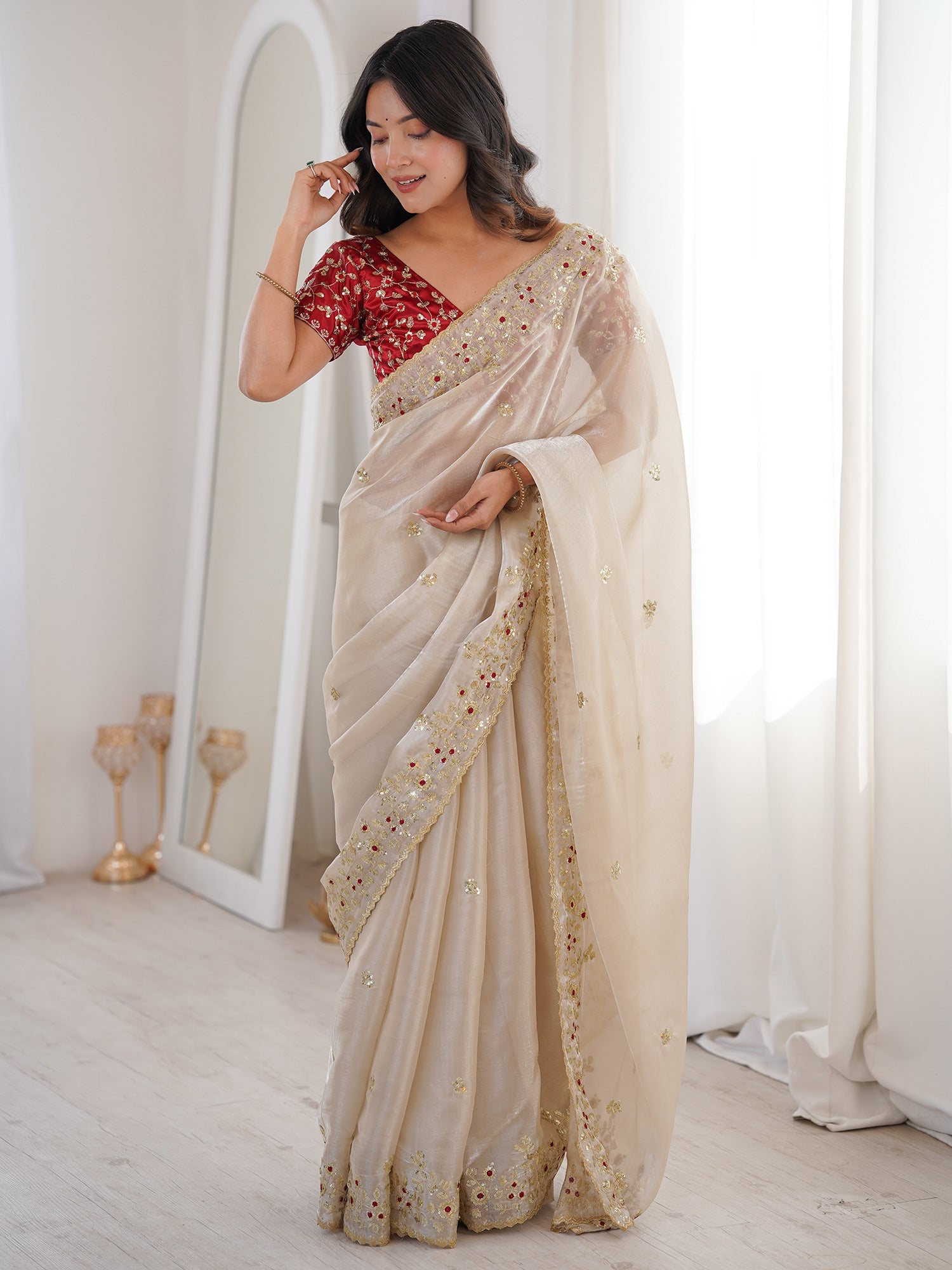 Ivory Organza Embroidered Saree with Stitched Red Blouse - Ressa