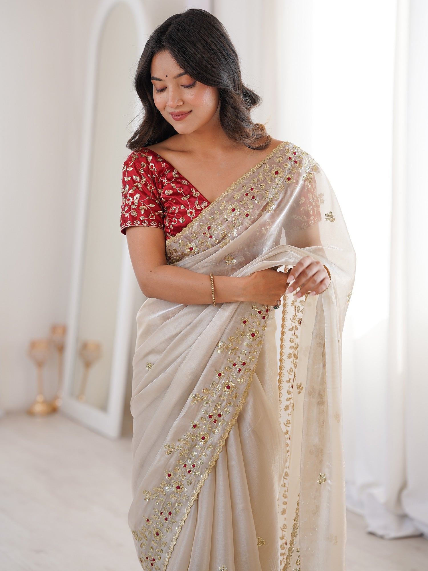 Ivory Organza Embroidered Saree with Stitched Red Blouse - Ressa