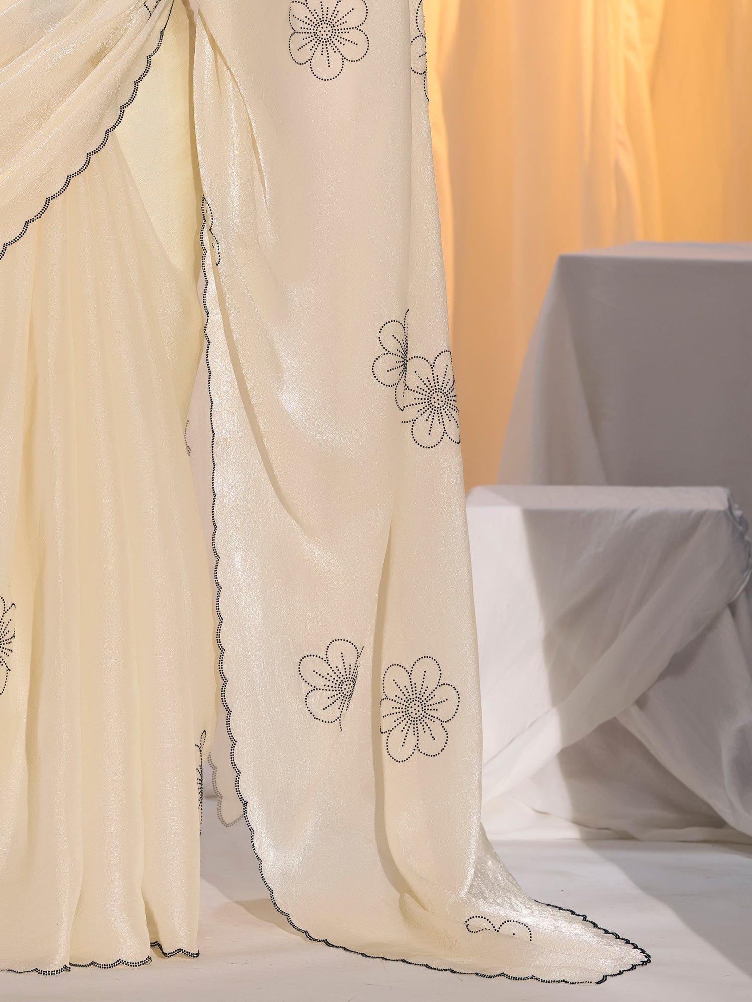 Ivory Organza Saree with Floral Stonework & Scallop Border - Ressa