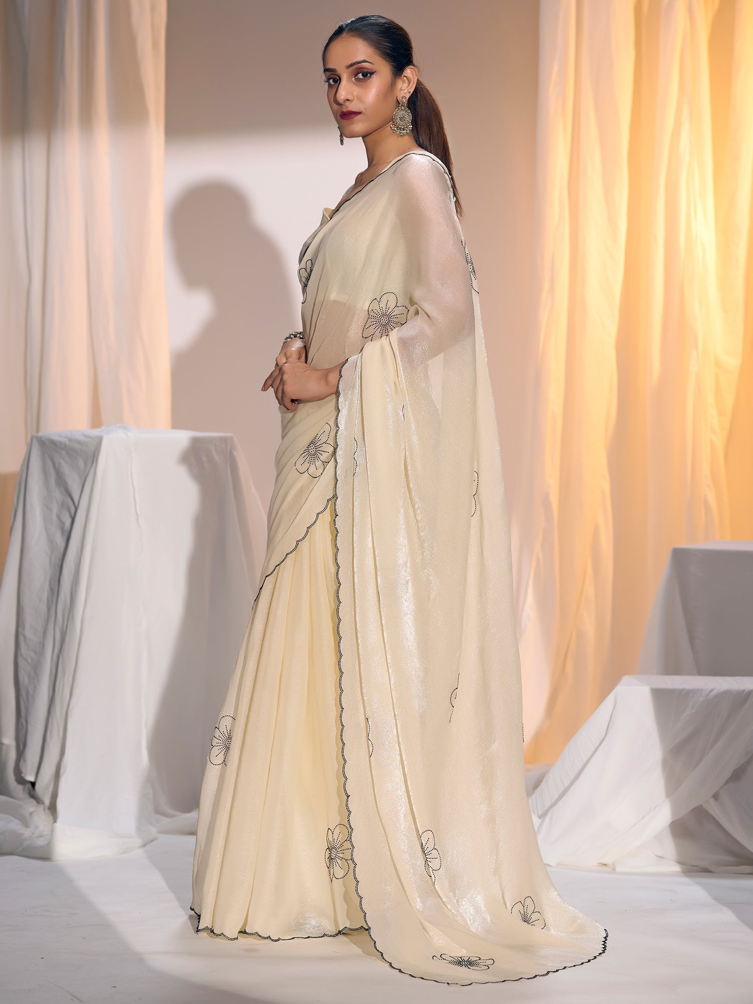 Ivory Organza Saree with Floral Stonework & Scallop Border - Ressa
