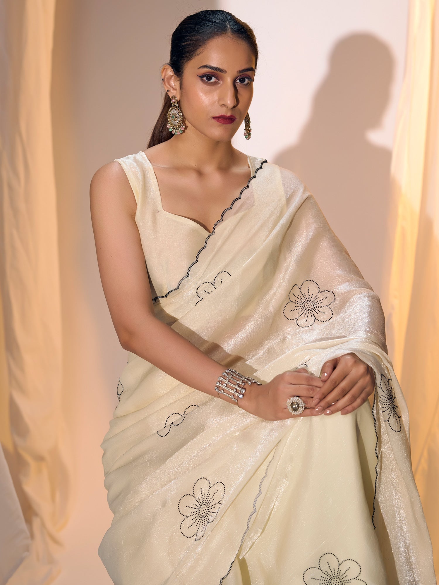 Ivory Organza Saree with Floral Stonework & Scallop Border - Ressa