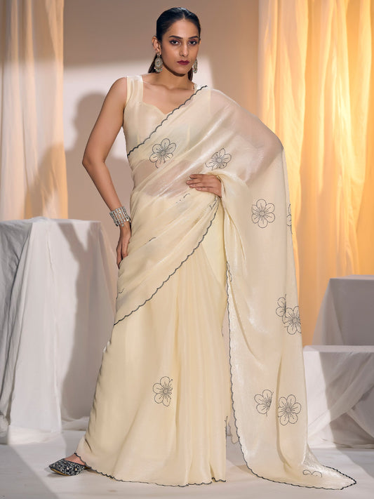 Ivory Organza Saree with Floral Stonework & Scallop Border - Ressa