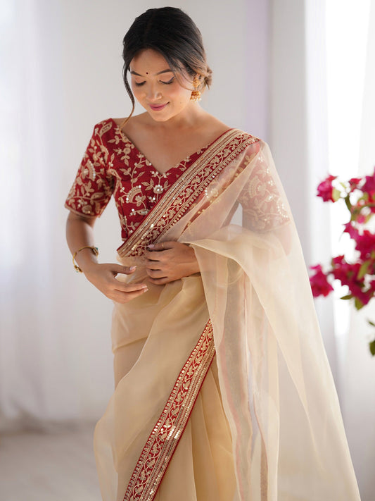 Ivory Organza Saree with Red Embroidered Blouse - Ressa