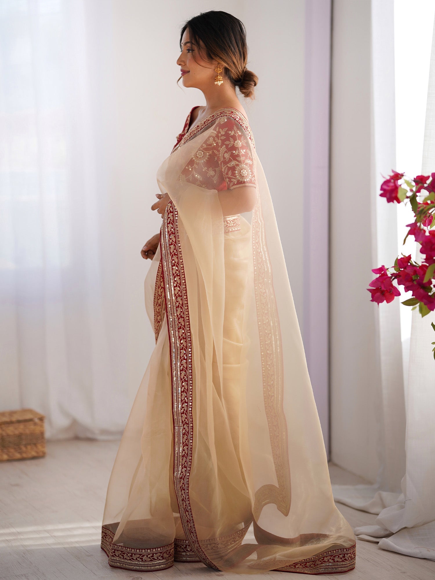 Ivory Organza Saree with Red Embroidered Blouse - Ressa