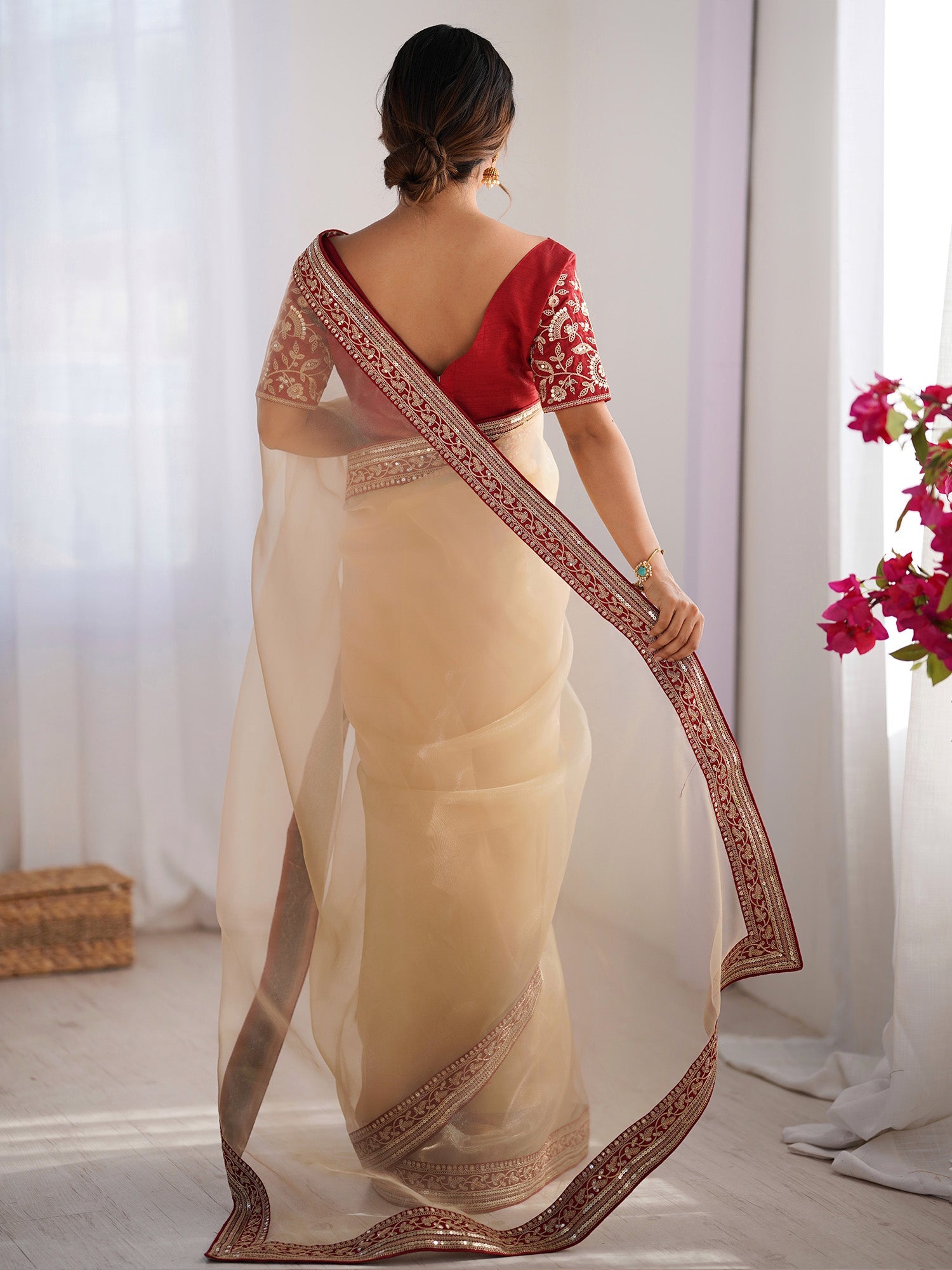 Ivory Organza Saree with Red Embroidered Blouse - Ressa