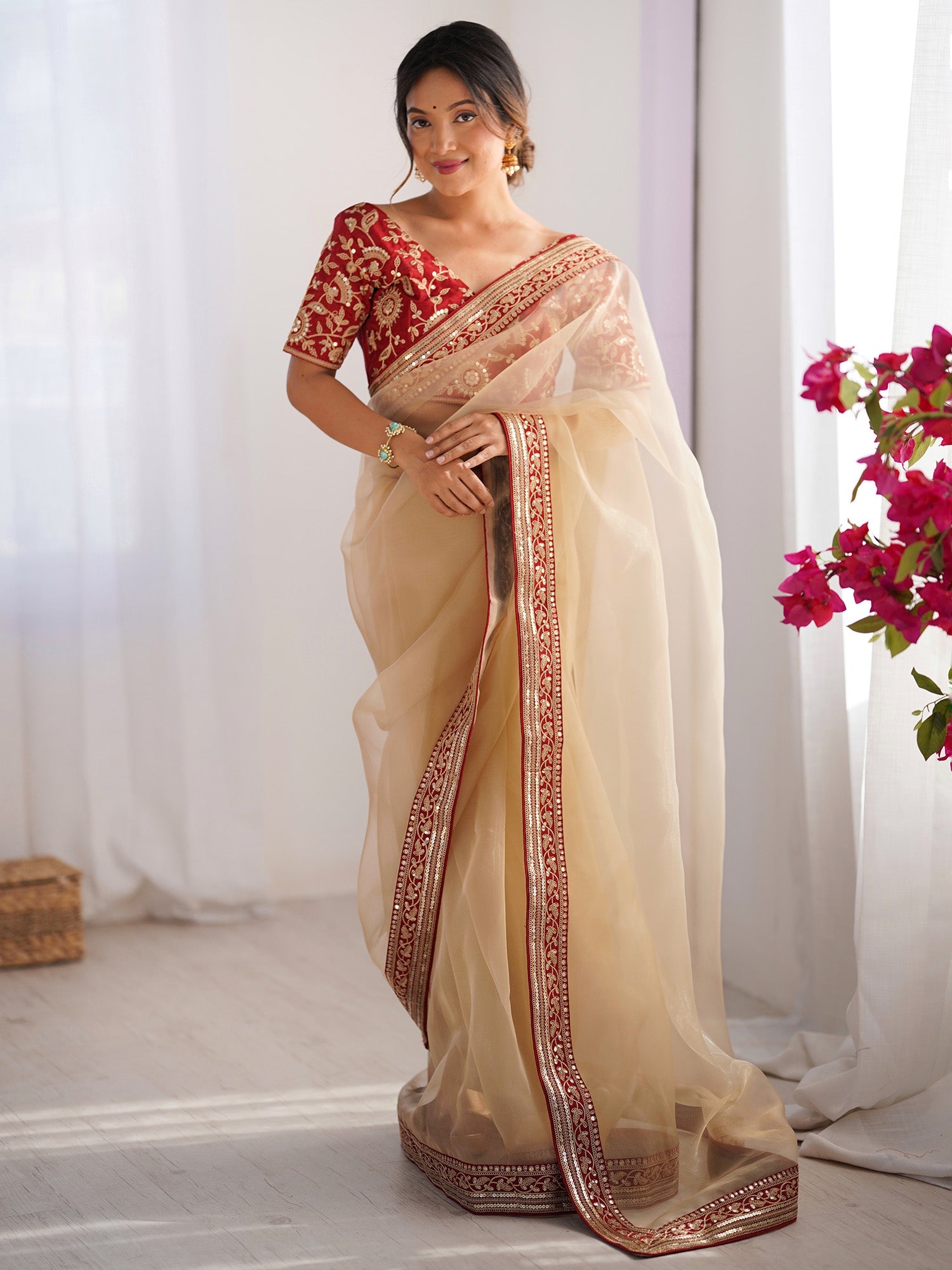 Ivory Organza Saree with Red Embroidered Blouse - Ressa