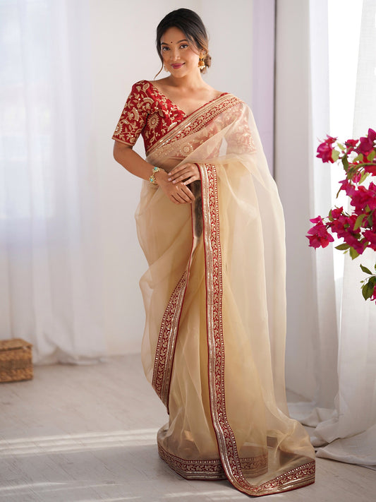 Ivory Organza Saree with Red Embroidered Blouse - Ressa