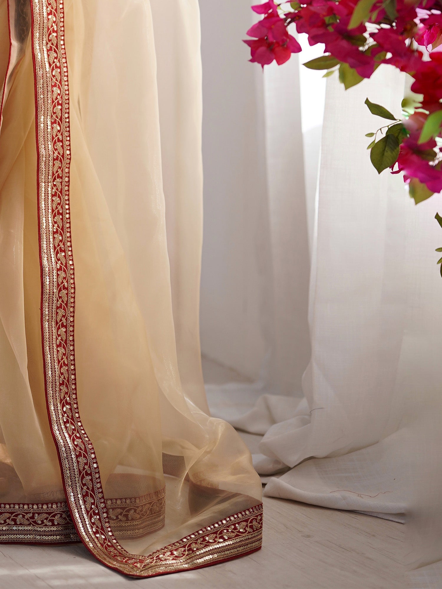 Ivory Organza Saree with Red Embroidered Blouse - Ressa