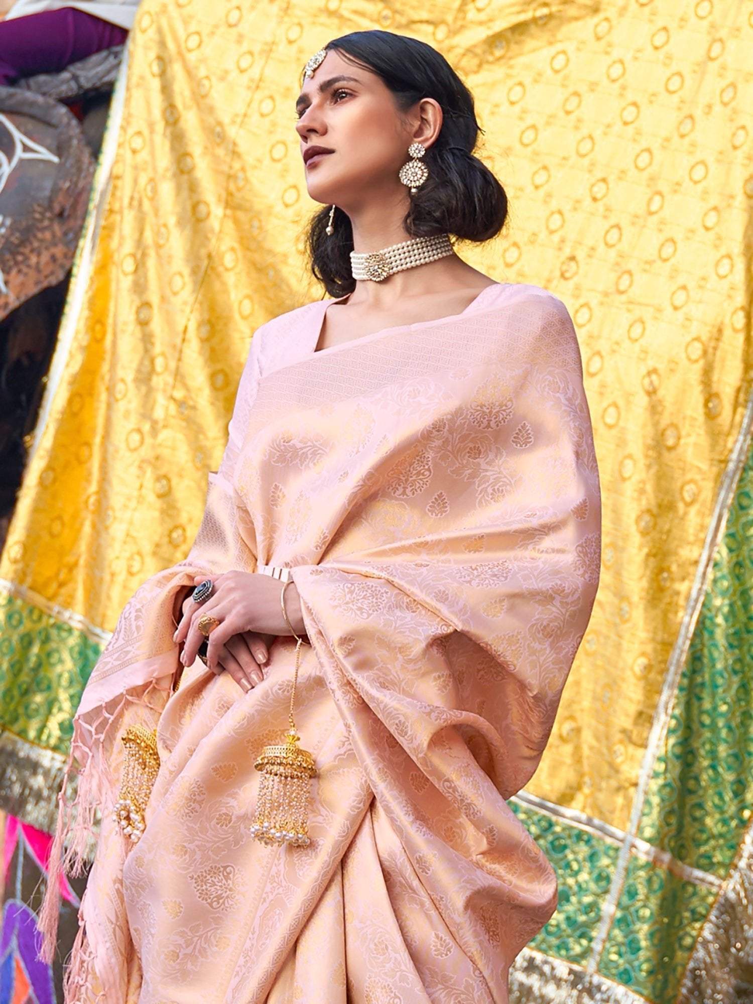 Ivory peach Jari Woven Banarasi Saree - Ressa