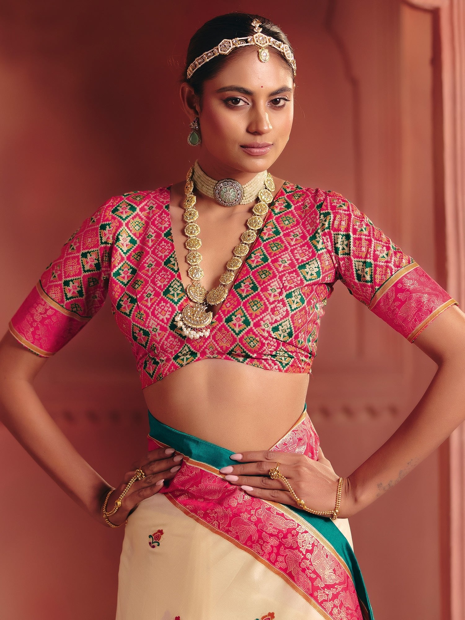 Ivory & Pink Patola Silk Saree with Teal Border | Bridal Wedding Saree - Ressa