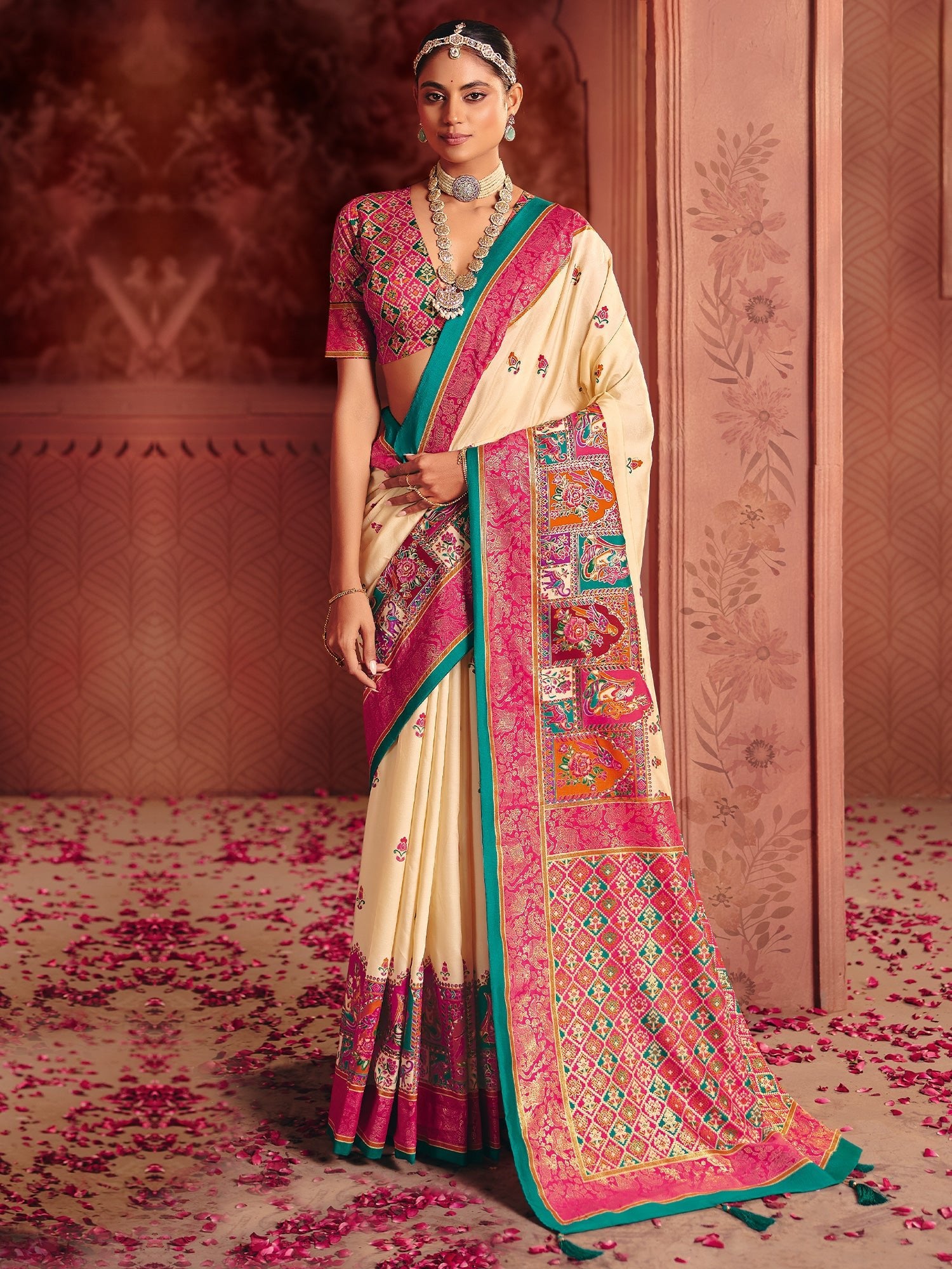 Ivory & Pink Patola Silk Saree with Teal Border | Bridal Wedding Saree - Ressa