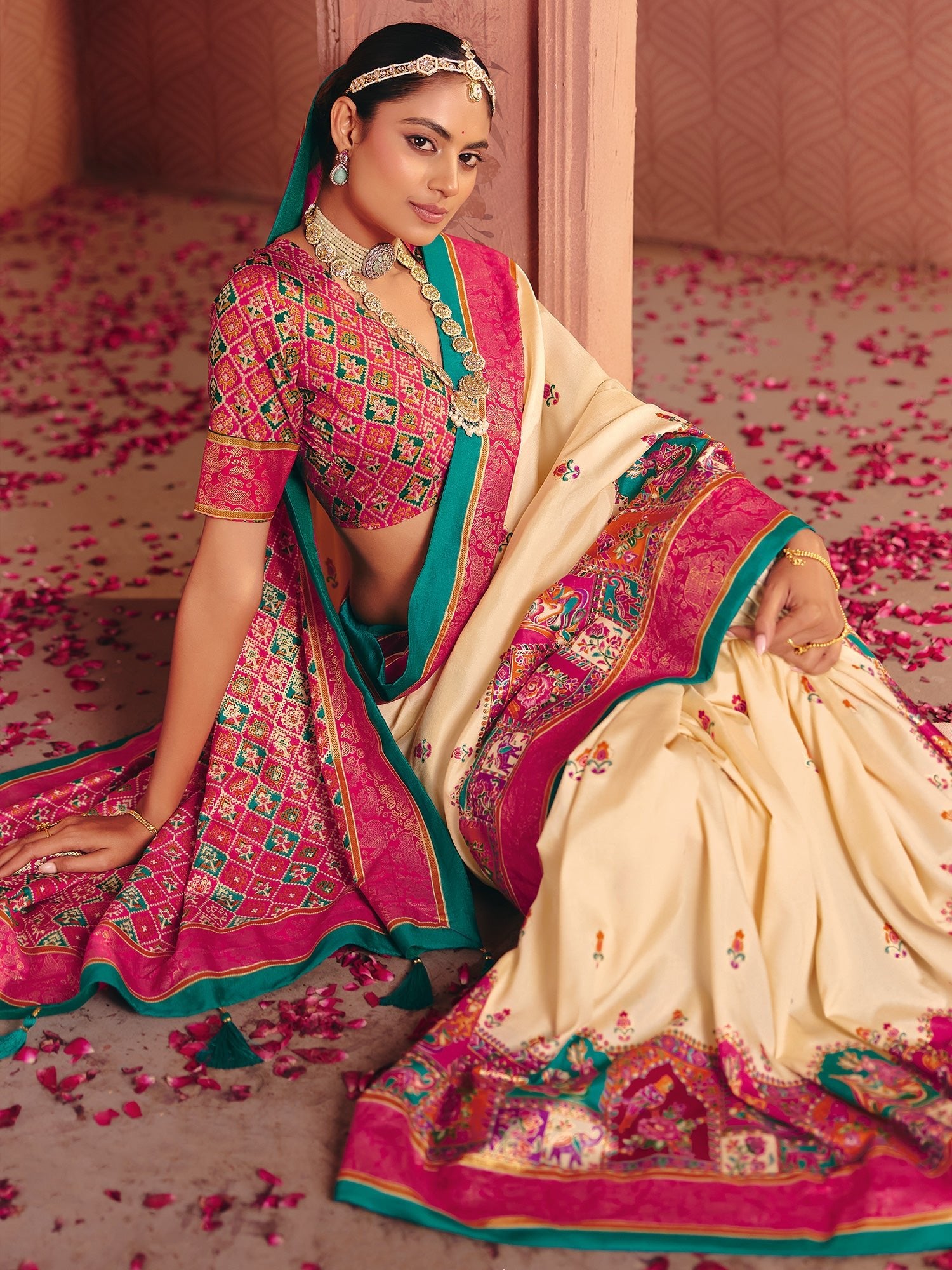 Ivory & Pink Patola Silk Saree with Teal Border | Bridal Wedding Saree - Ressa
