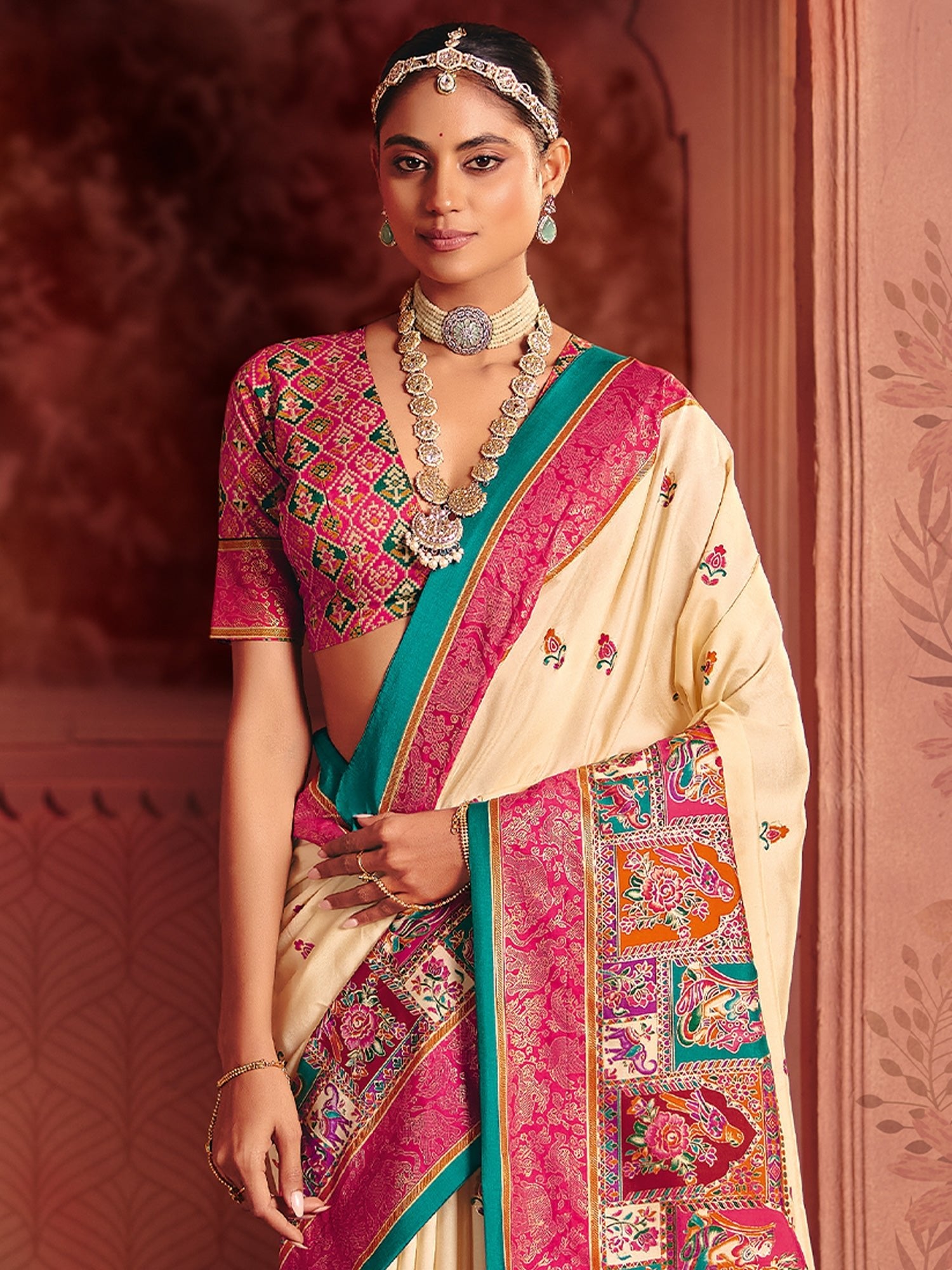 Ivory & Pink Patola Silk Saree with Teal Border | Bridal Wedding Saree - Ressa