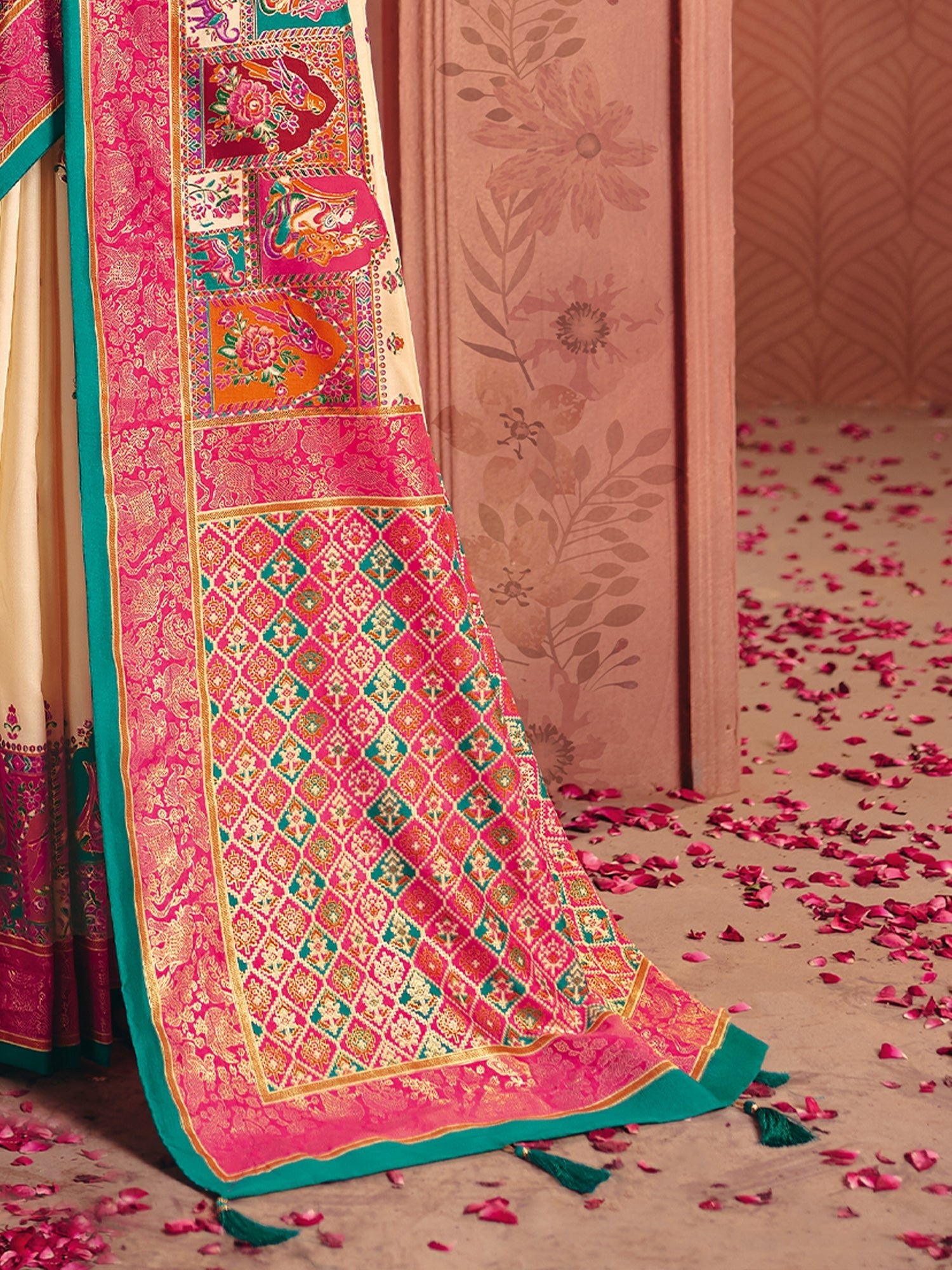 Ivory & Pink Patola Silk Saree with Teal Border | Bridal Wedding Saree - Ressa