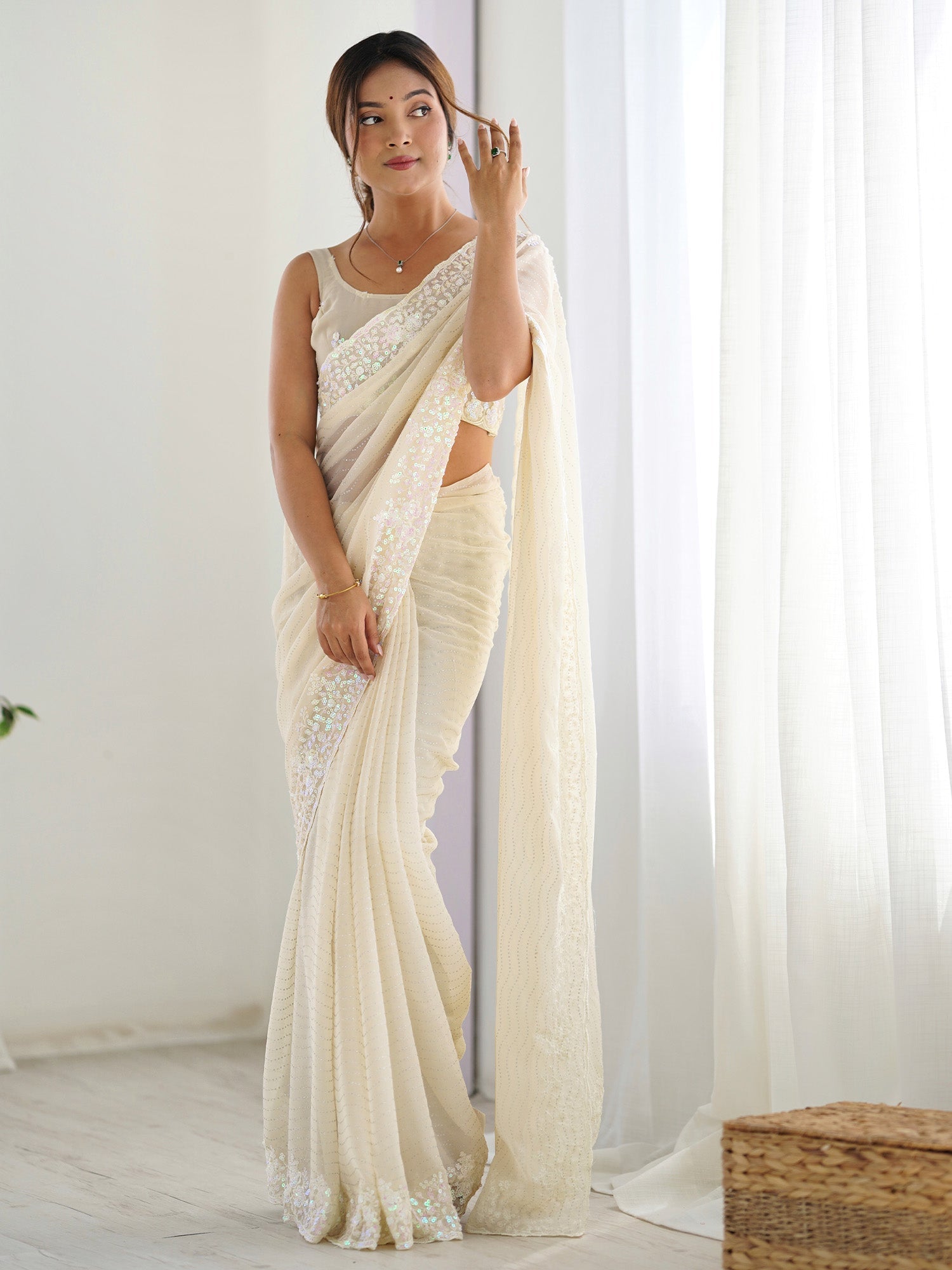 Ivory Sequin Georgette Saree with Embroidered Border - Ressa