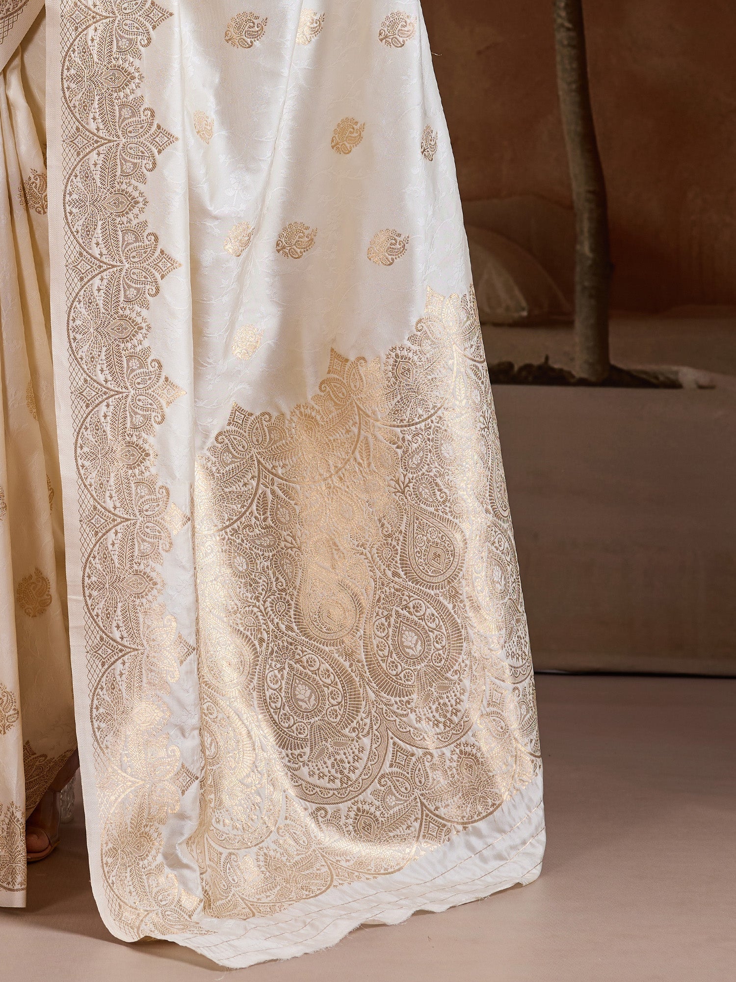 Ivory Silk Embroidered Saree - Ressa