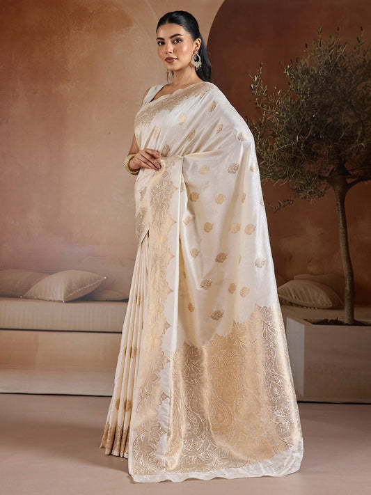 Ivory Silk Embroidered Saree - Ressa