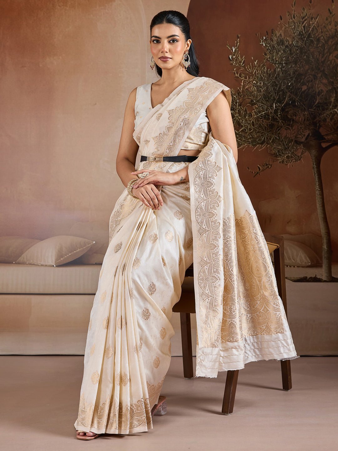Ivory Silk Embroidered Saree - Ressa