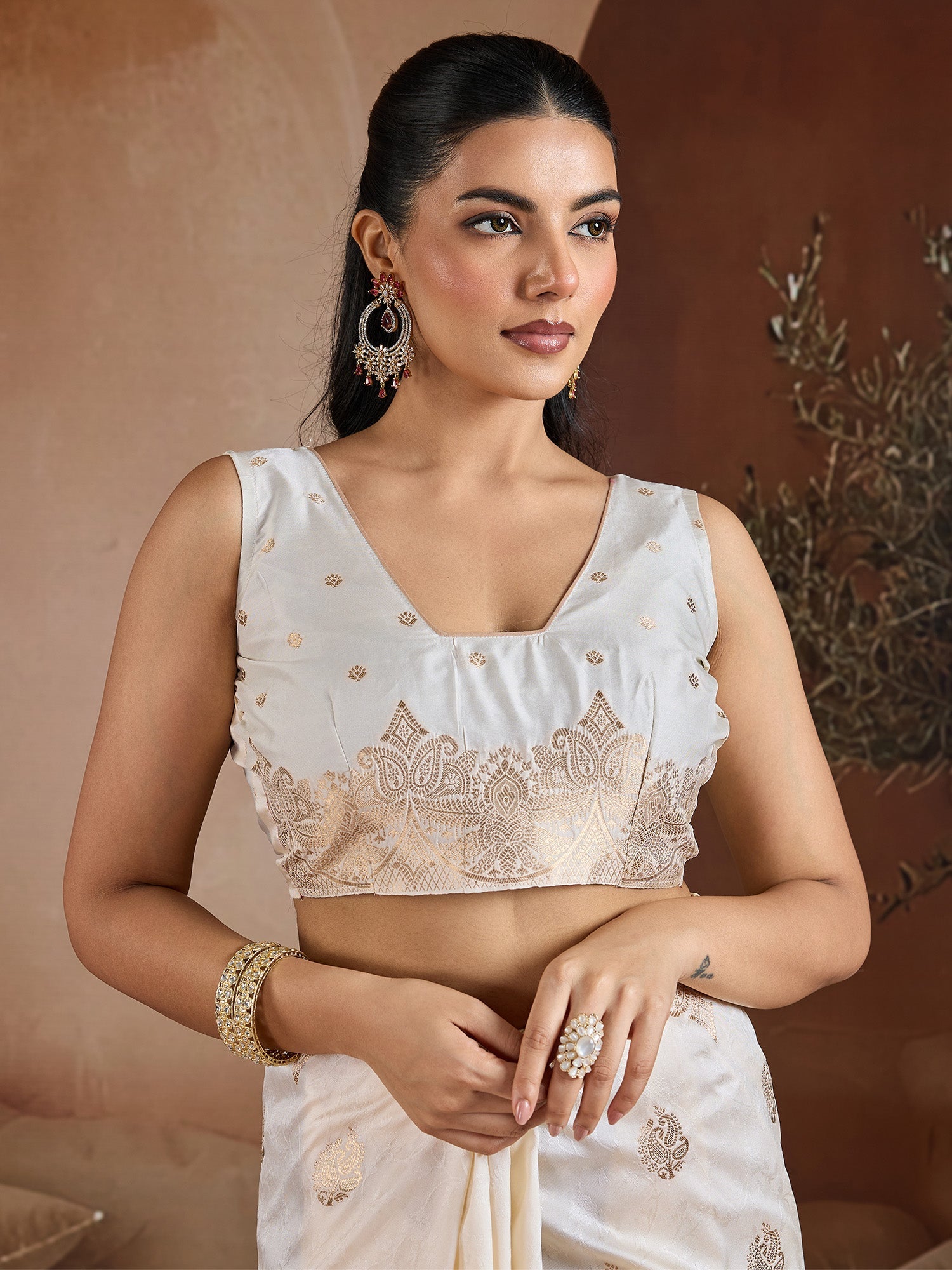 Ivory Silk Embroidered Saree - Ressa
