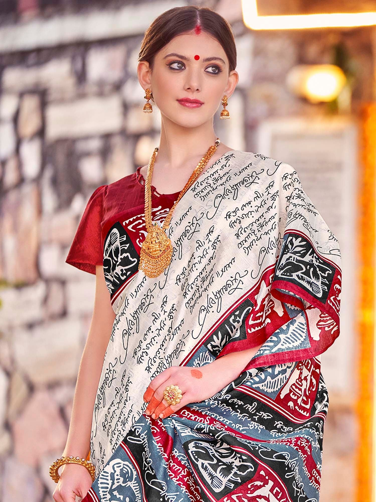 Ivory Silk Saree with Black Mantra Script Print - Ressa