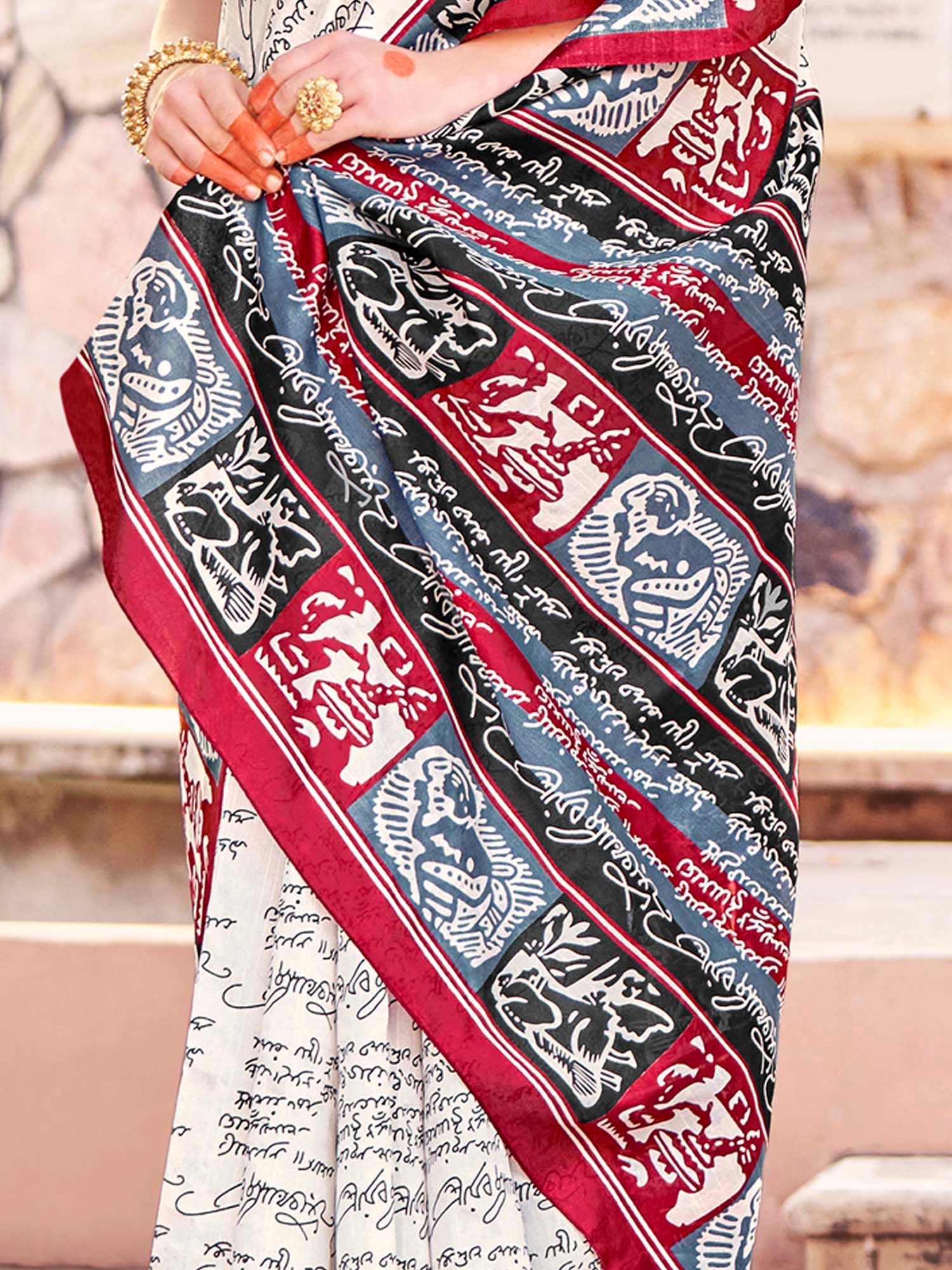 Ivory Silk Saree with Black Mantra Script Print - Ressa