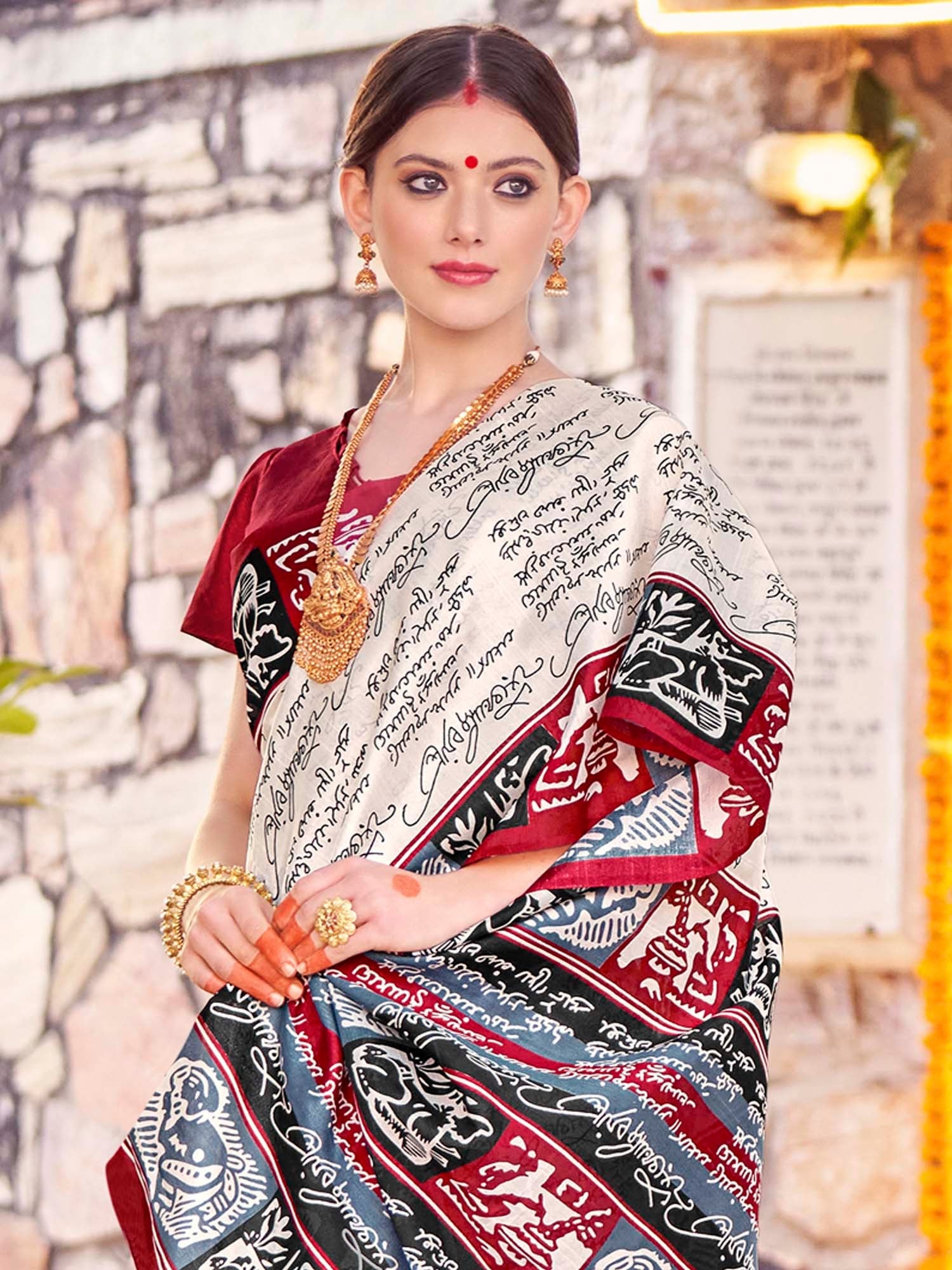 Ivory Silk Saree with Black Mantra Script Print - Ressa