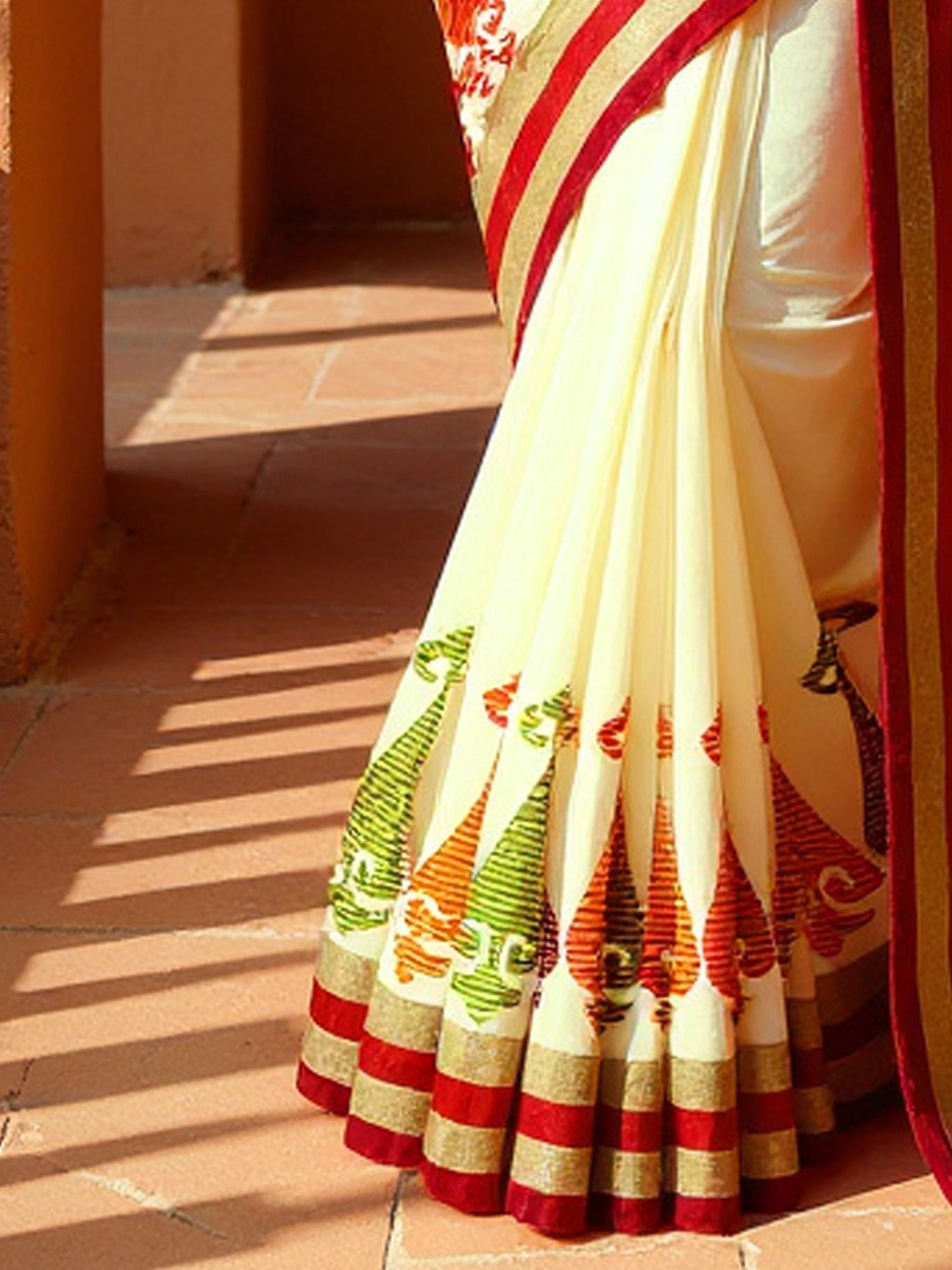 Ivory Silk Saree with Tribal Applique - Ressa