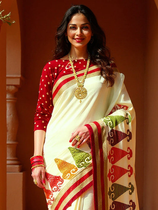 Ivory Silk Saree with Tribal Applique - Ressa