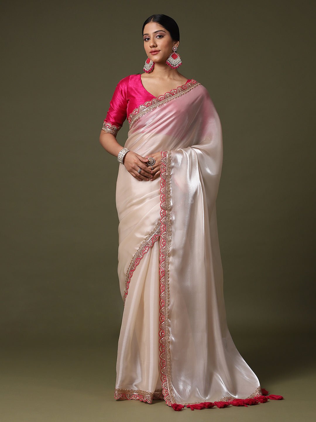 Ivory Supernet Silk Saree with Embroidered Border - Ressa