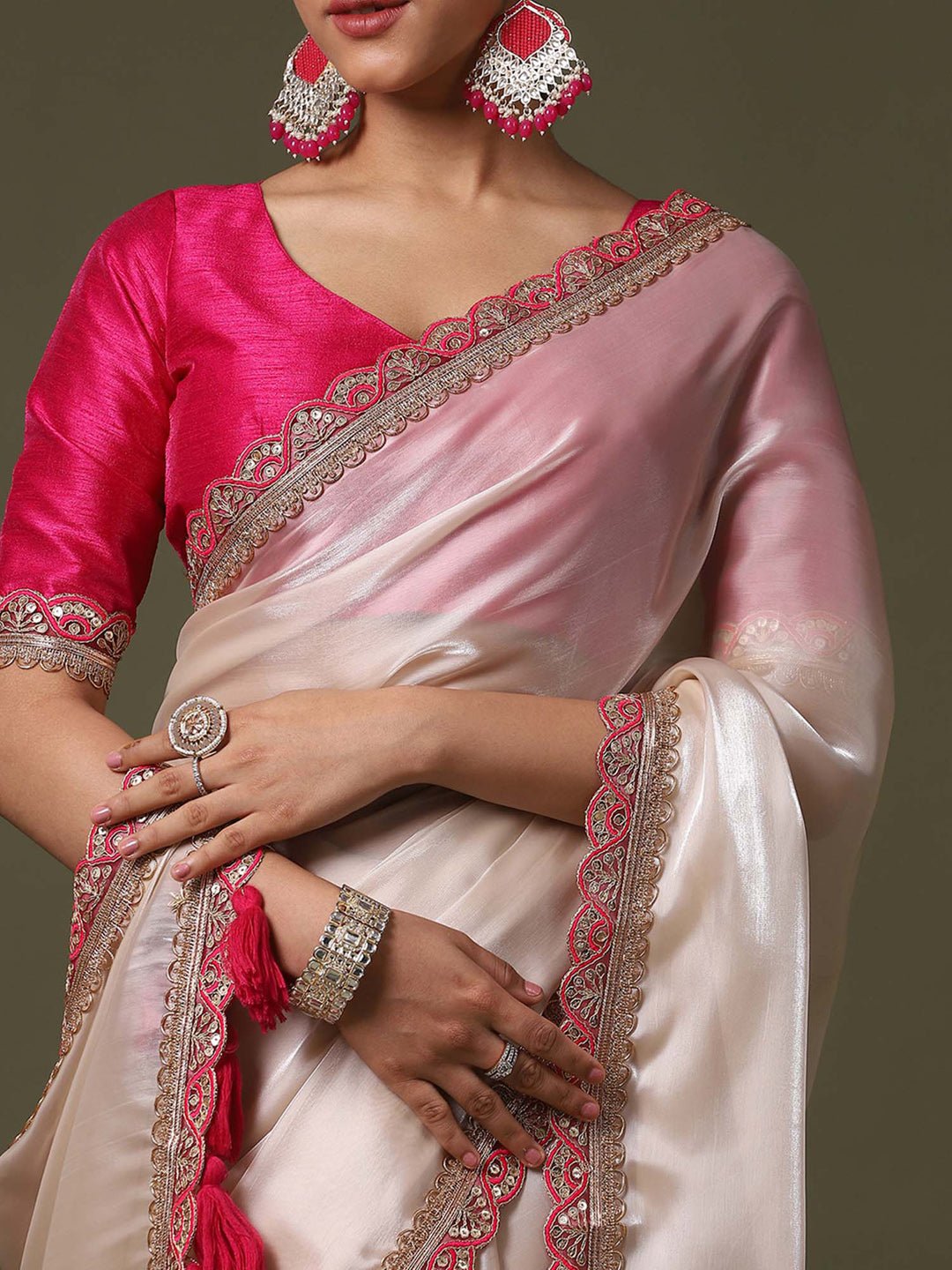 Ivory Supernet Silk Saree with Embroidered Border - Ressa