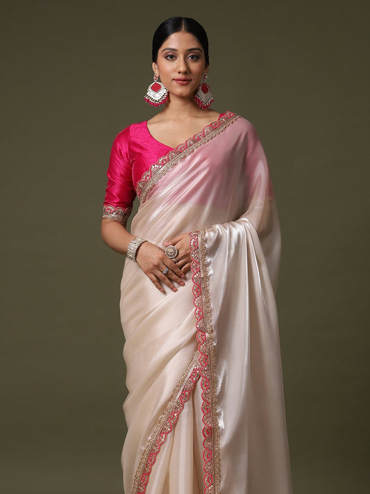 Ivory Supernet Silk Saree with Embroidered Border - Ressa