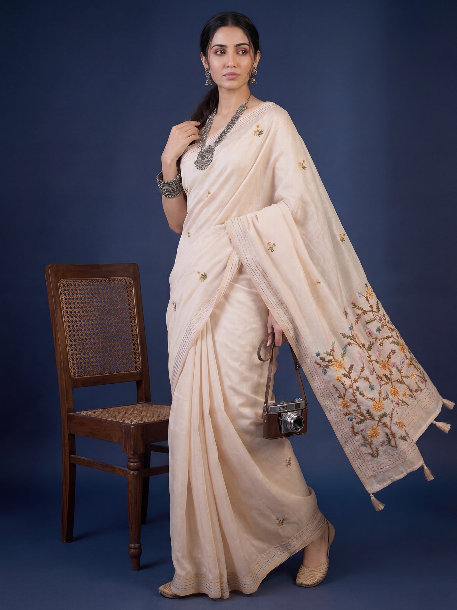 Ivory Tussar Silk Saree with Kashmiri Embroidery - Ressa