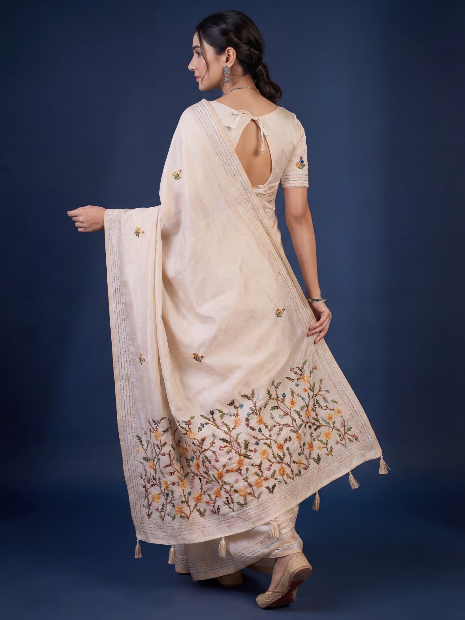 Ivory Tussar Silk Saree with Kashmiri Embroidery - Ressa
