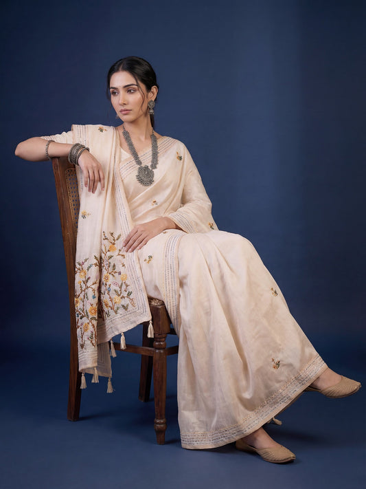 Ivory Tussar Silk Saree with Kashmiri Embroidery - Ressa