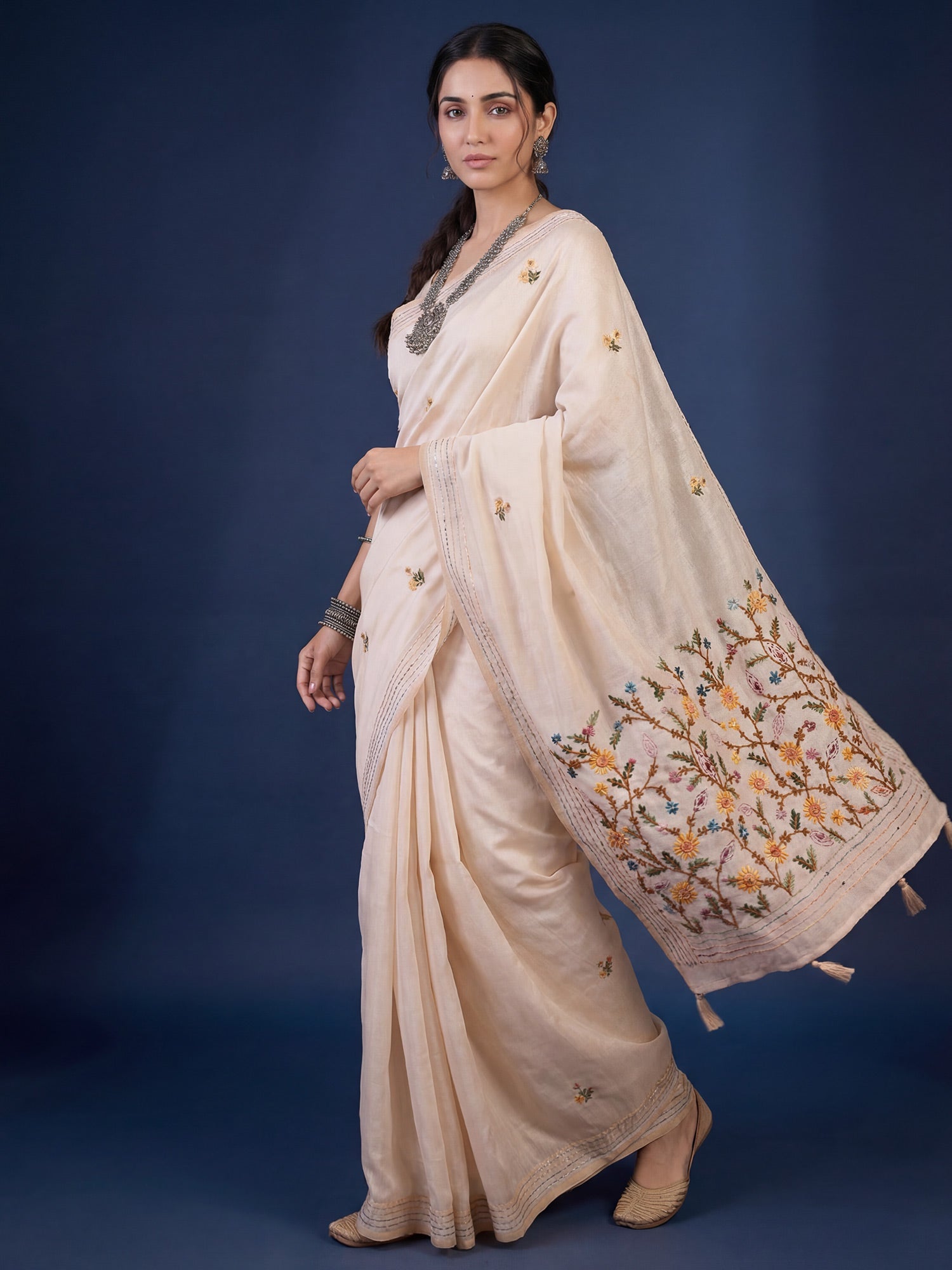 Ivory Tussar Silk Saree with Kashmiri Embroidery - Ressa