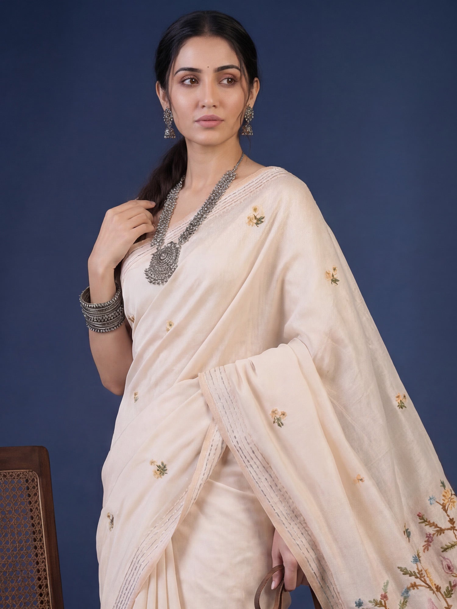 Ivory Tussar Silk Saree with Kashmiri Embroidery - Ressa