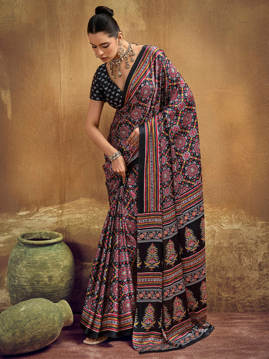 Jet Black Ajrakh Print Satin Silk Saree - Ressa