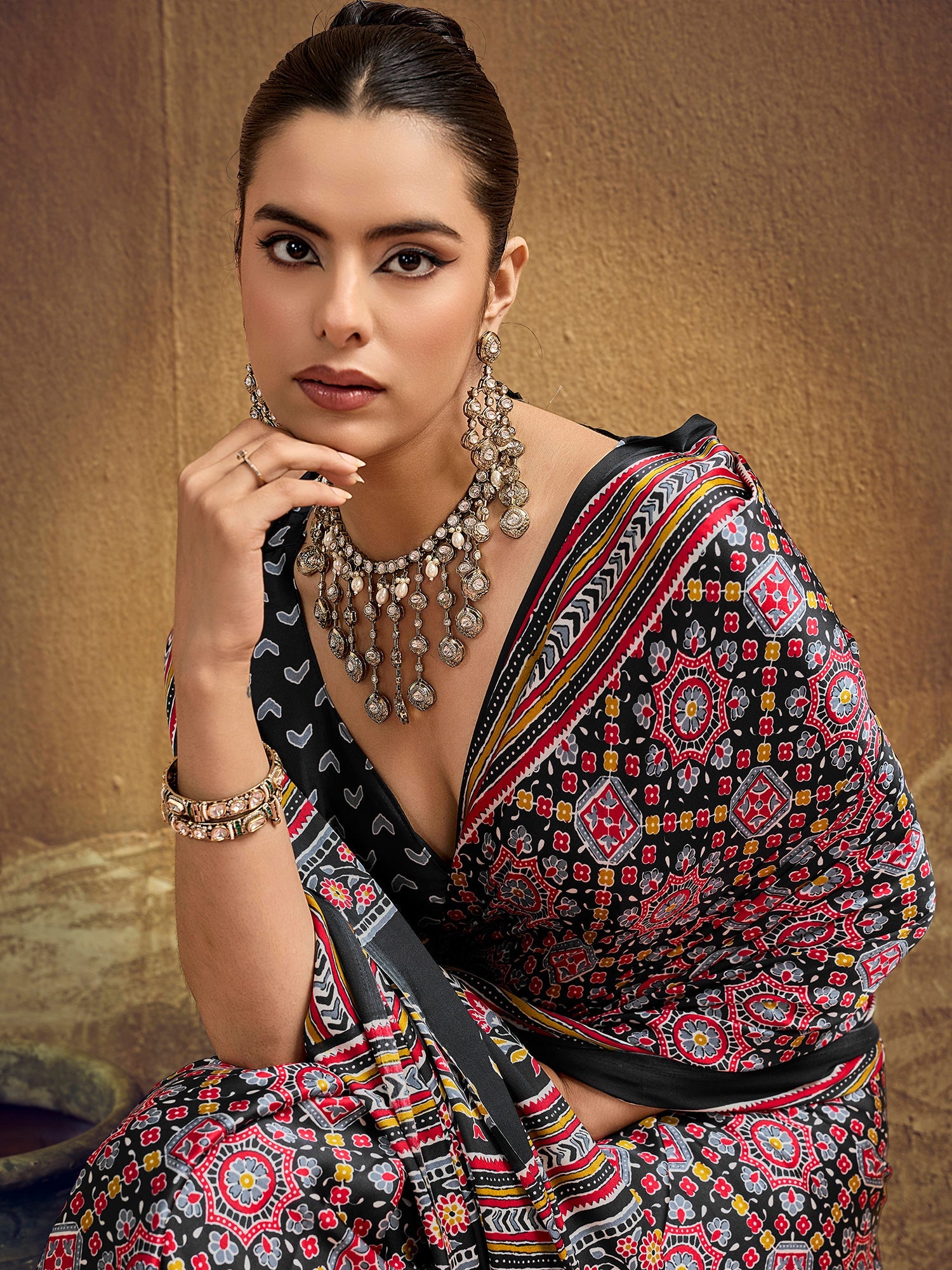 Jet Black Ajrakh Print Satin Silk Saree - Ressa