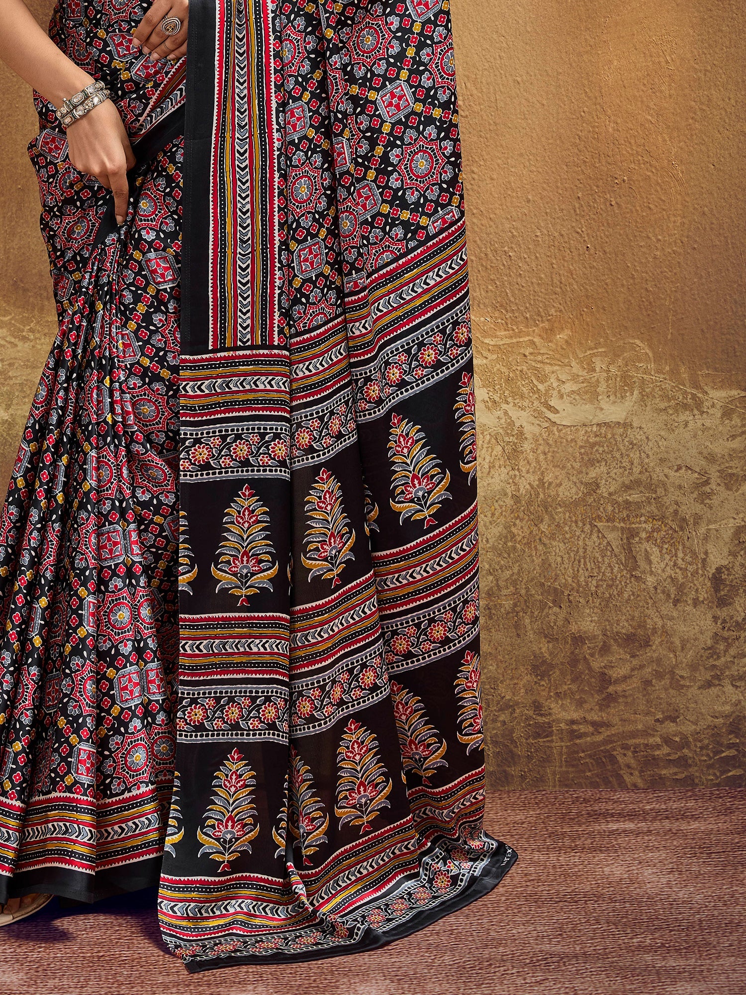Jet Black Ajrakh Print Satin Silk Saree - Ressa