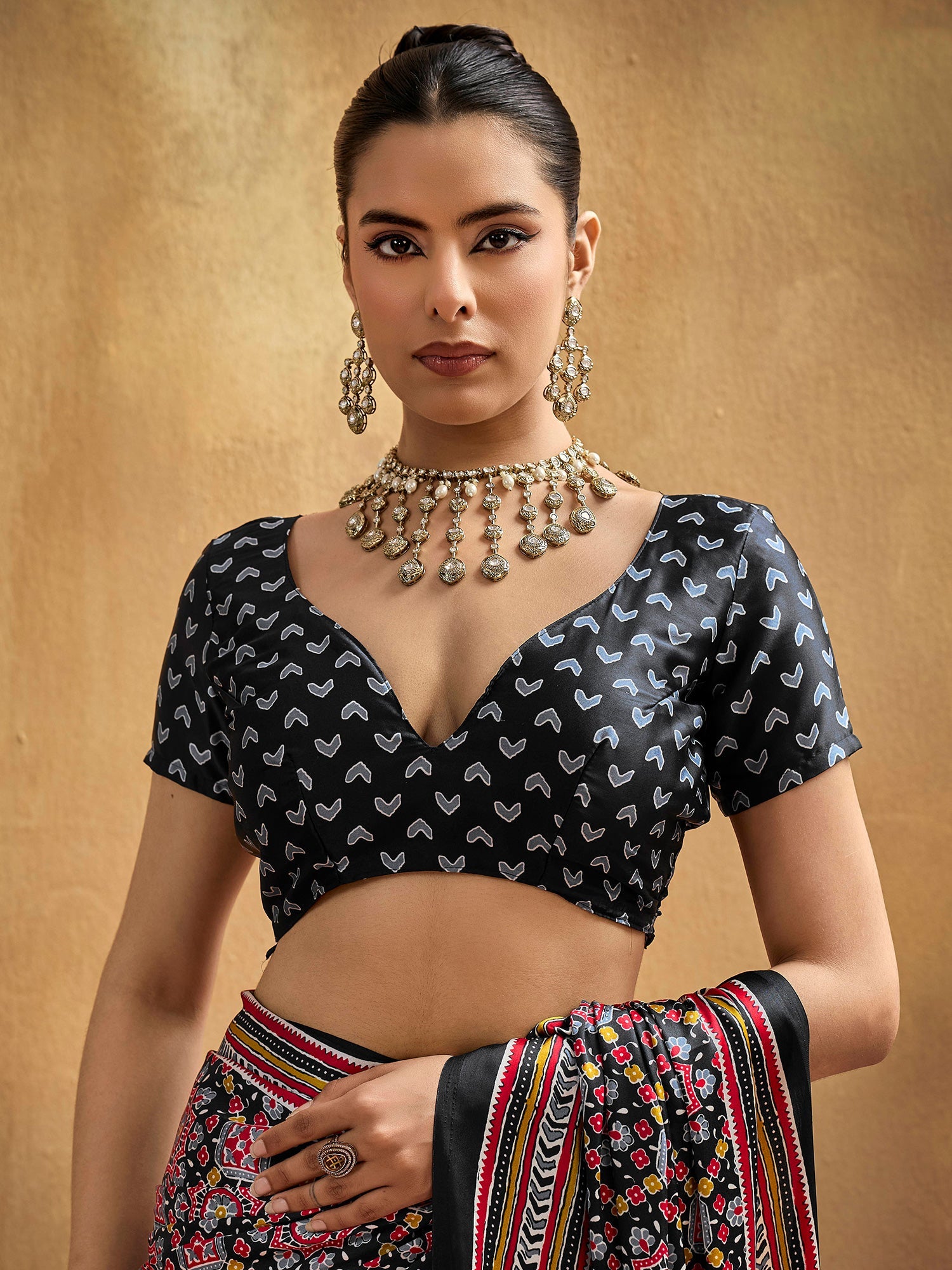 Jet Black Ajrakh Print Satin Silk Saree - Ressa