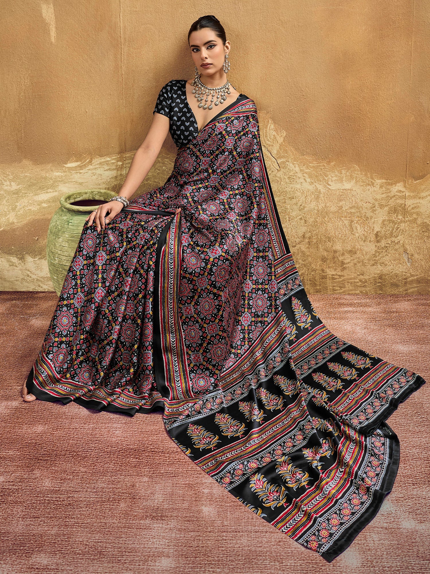 Jet Black Ajrakh Print Satin Silk Saree - Ressa