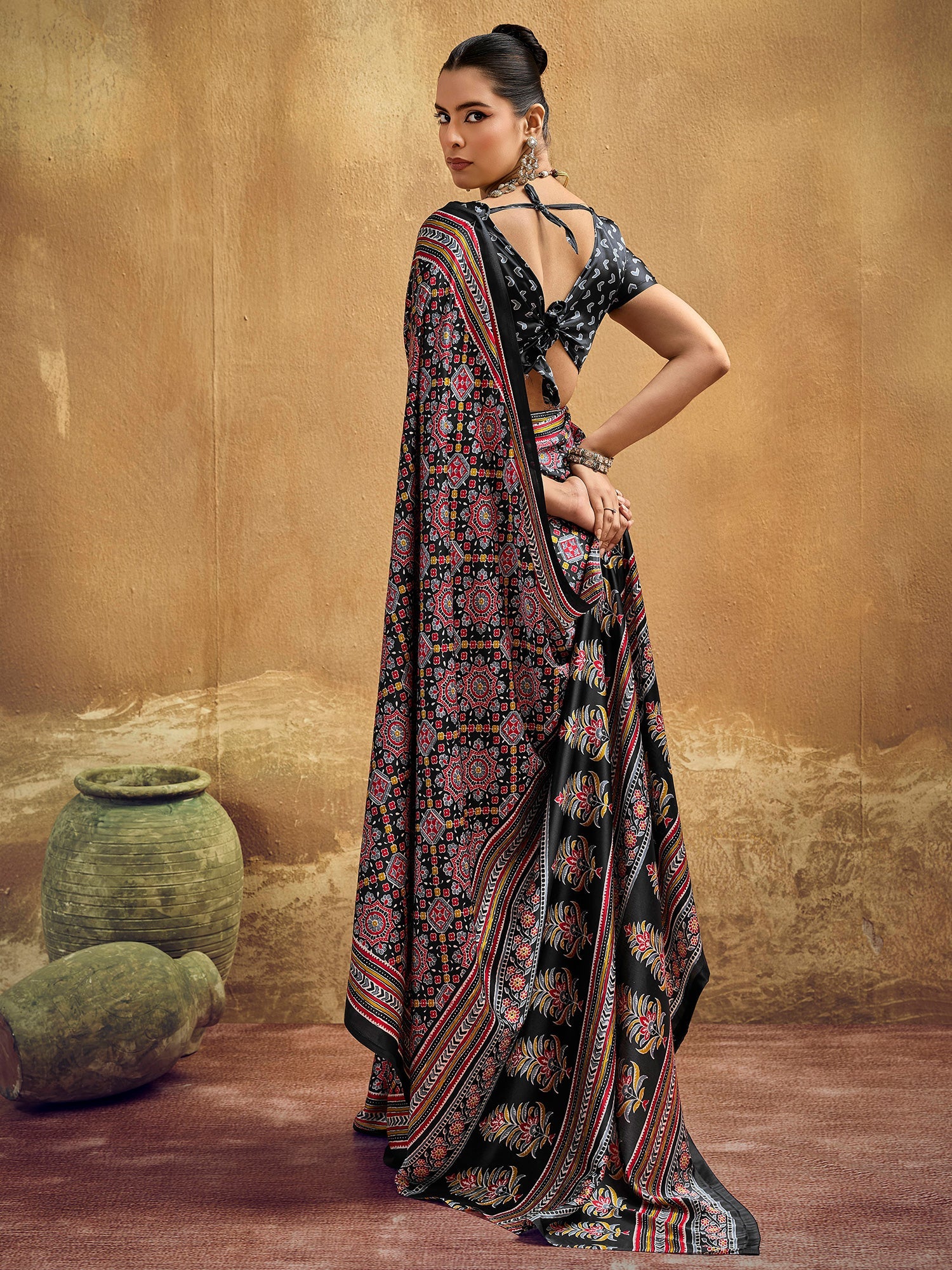 Jet Black Ajrakh Print Satin Silk Saree - Ressa