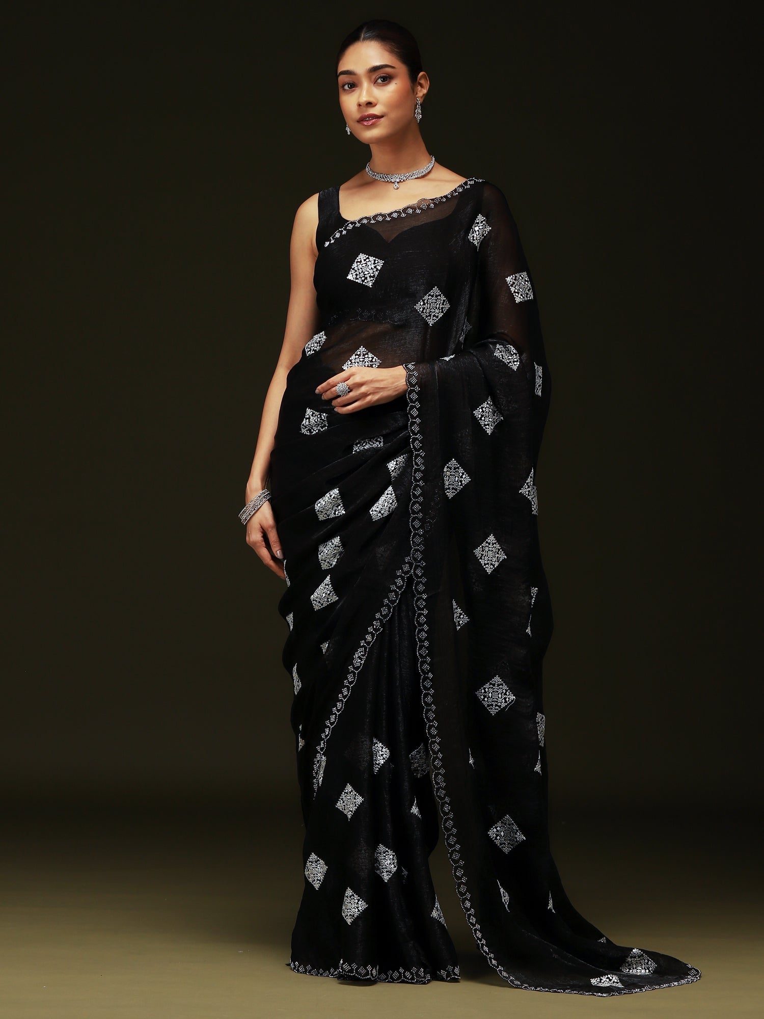 Jet Black Chiffon Embroidery Saree - Ressa