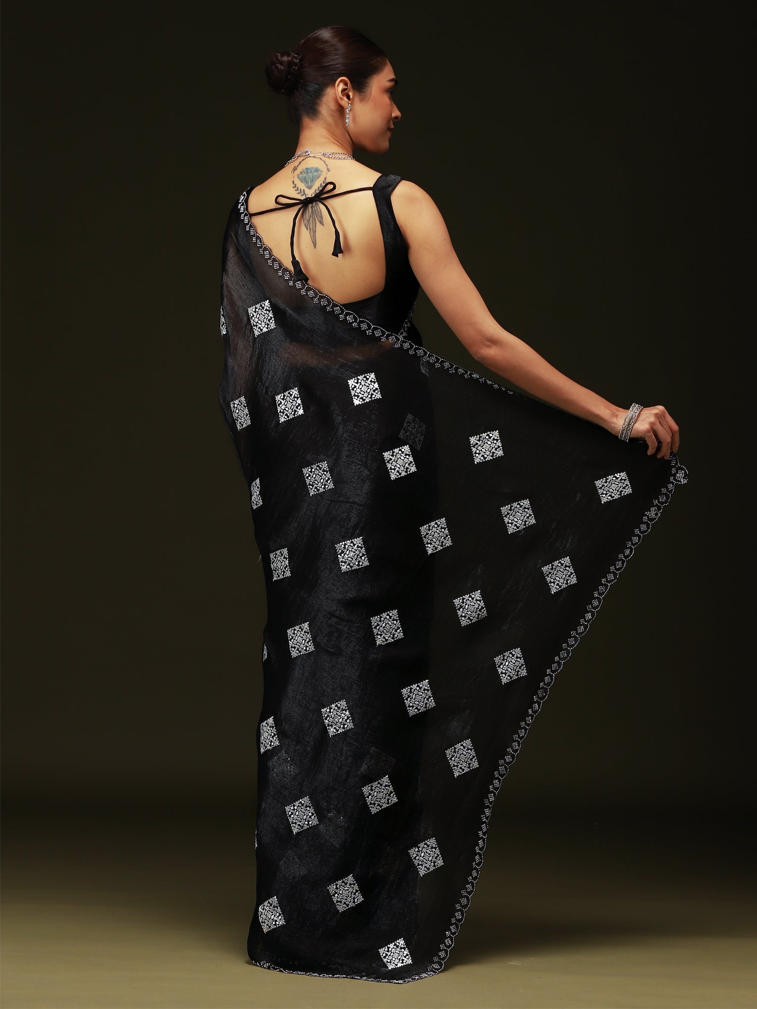 Jet Black Chiffon Embroidery Saree - Ressa